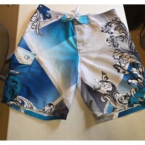 Vintage OP Board Shorts Men's 36 Blue Black Tie‎ Waist Floral Hawaiian Pockets